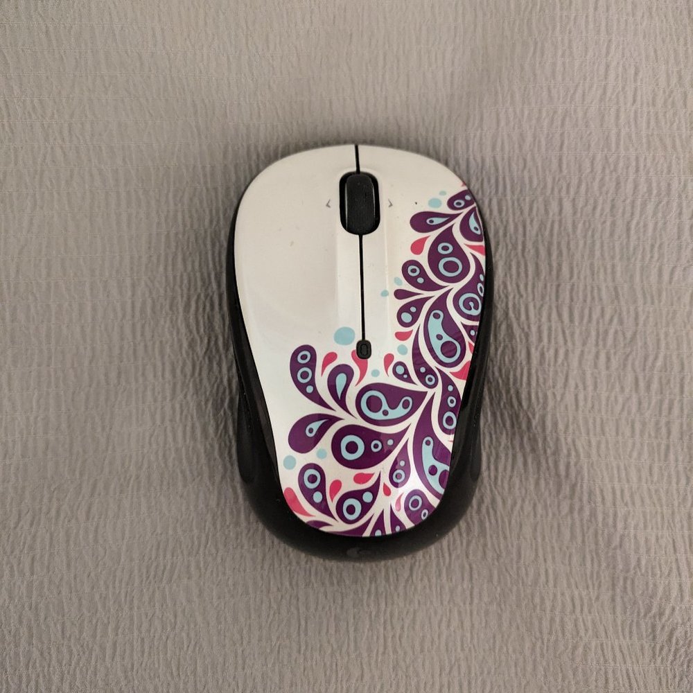 Logitech White Wireless Mouse w/ Purple/Pink/Blue Design, Black base